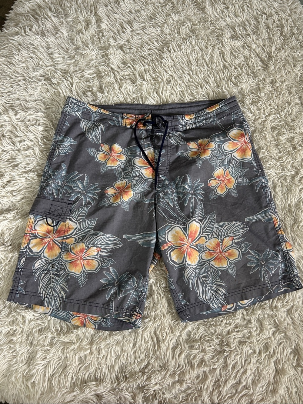 Men's Roundtree & Yorke Gray Floral Swim Trunks with Orange Accents